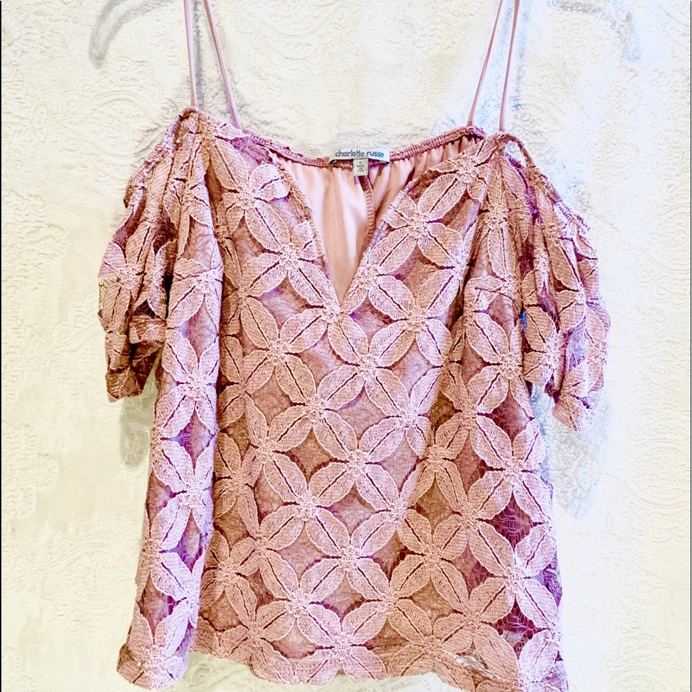Floral Patterned Pink Open Shoulder Tee